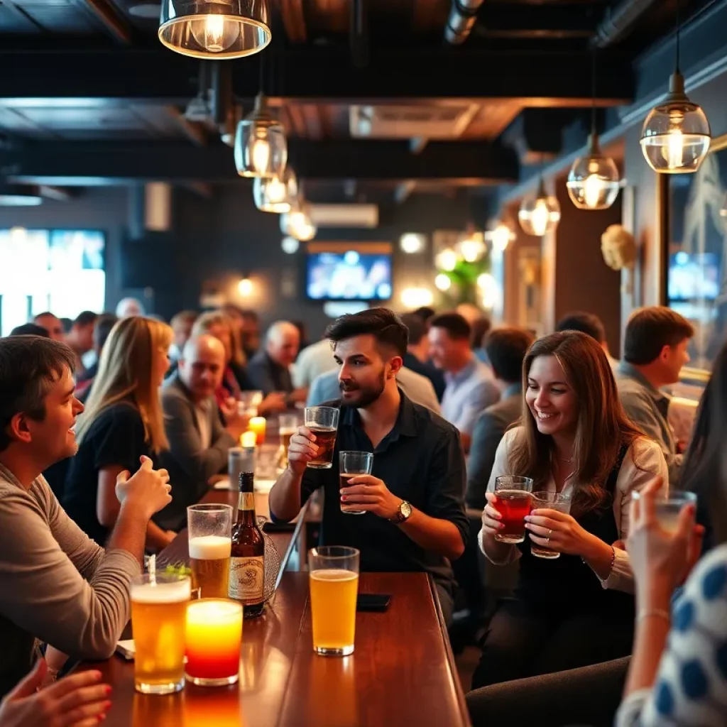 A lively bar during happy hour with patrons enjoying discounted drinks.