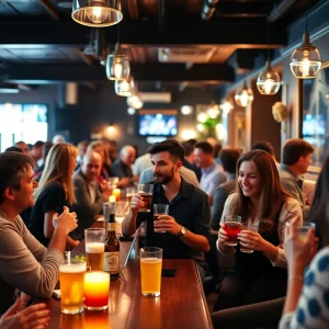 A lively bar during happy hour with patrons enjoying discounted drinks.