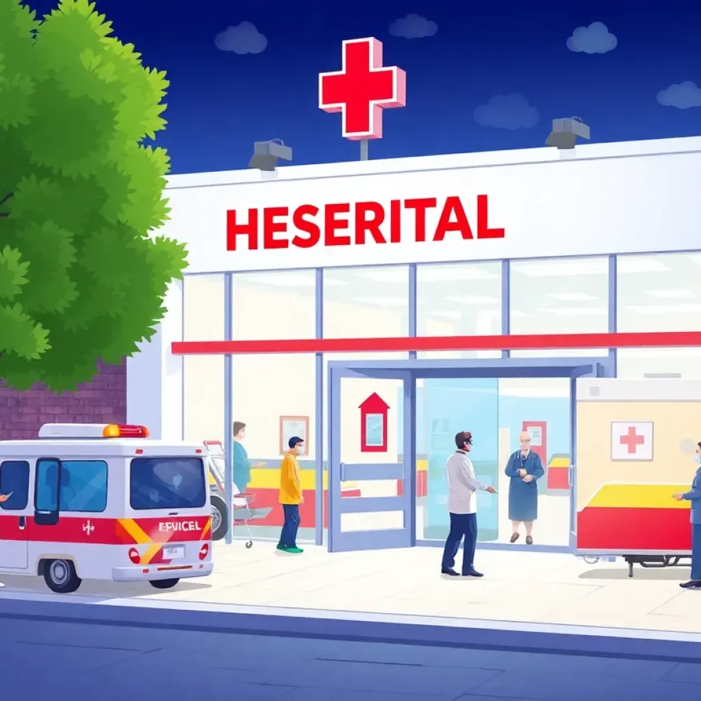 A busy hospital environment with healthcare professionals at work.