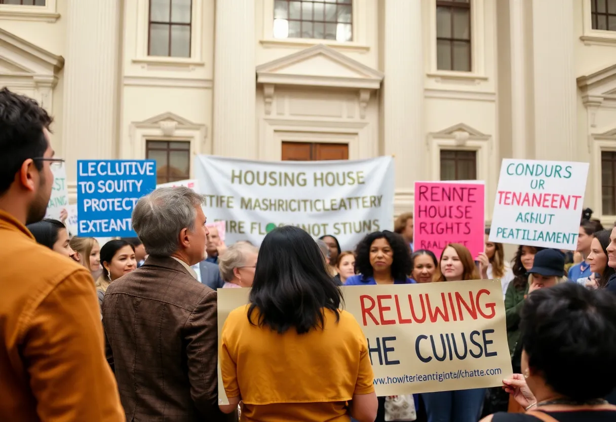 A gathering of advocates discussing rent stabilization legislation at the Massachusetts State House