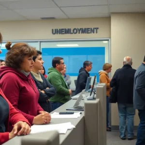 Individuals waiting at a Massachusetts unemployment office