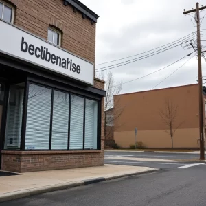 Representation of Massachusetts unemployment crisis with empty streets and a closed shop.