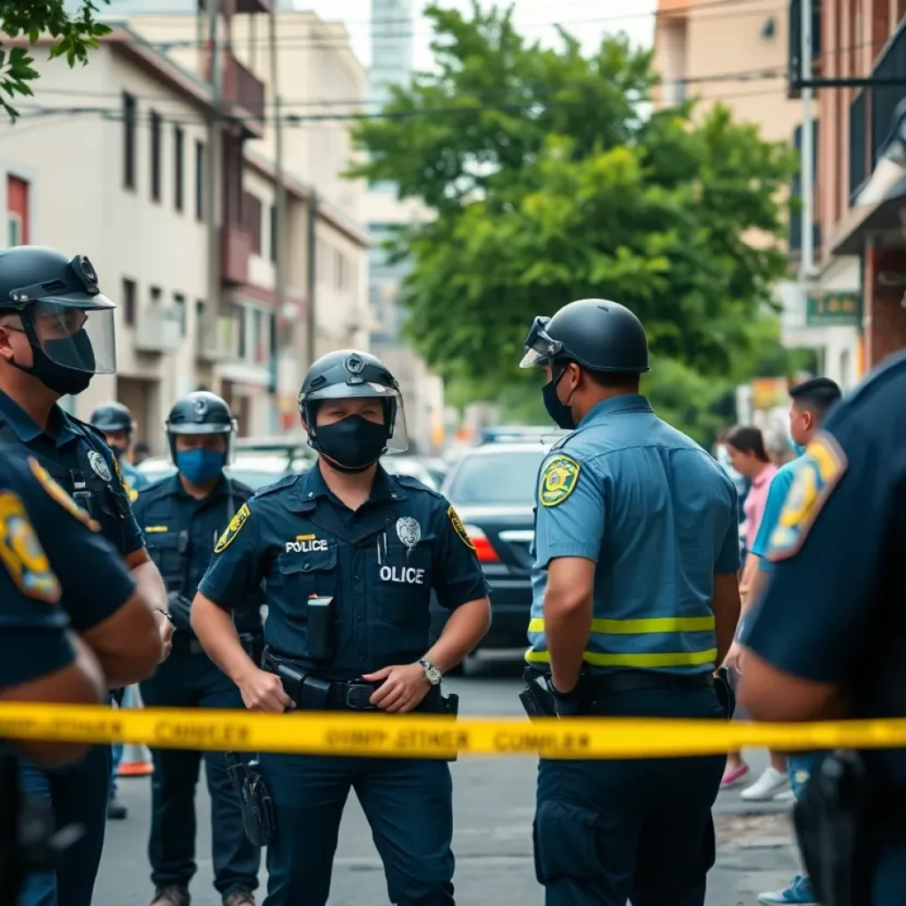 Police officers responding to a public safety incident in an urban setting.