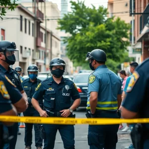 Police officers responding to a public safety incident in an urban setting.