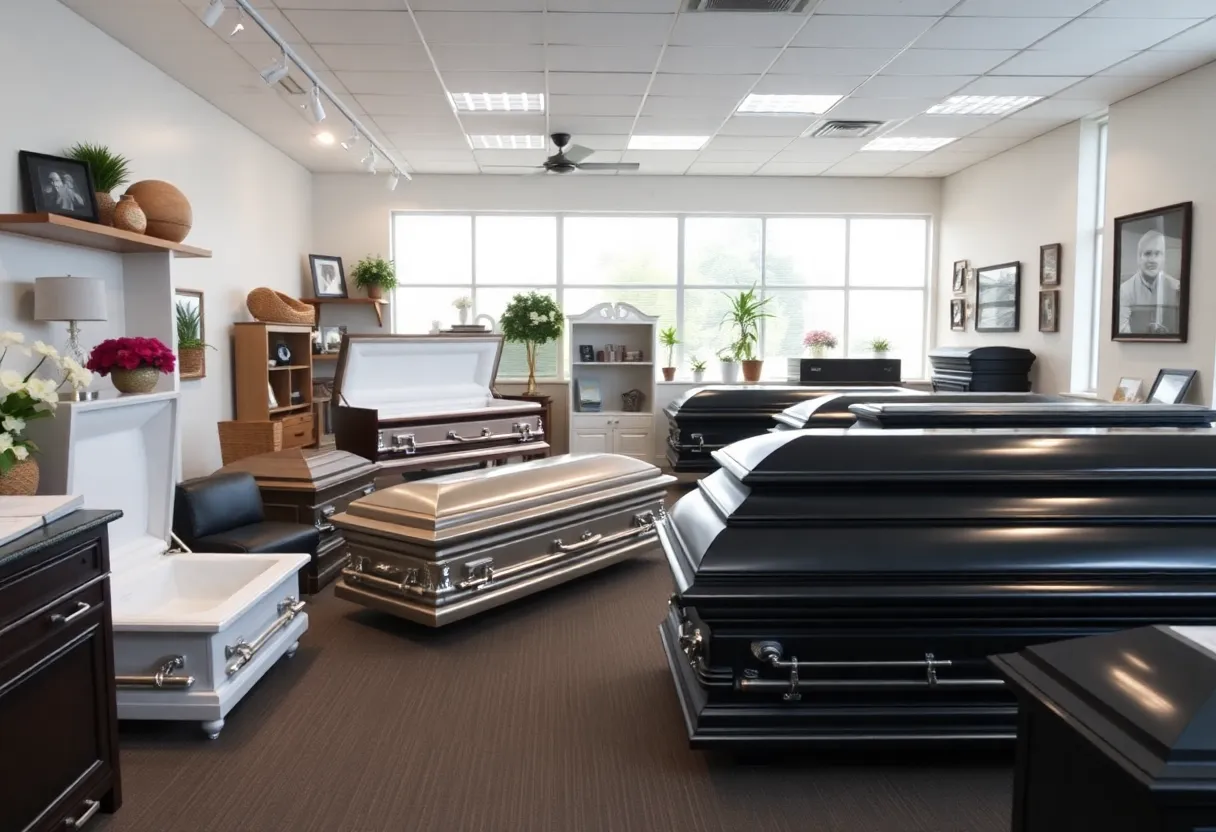 Display of various funeral products offered by Matthews Memorialization.
