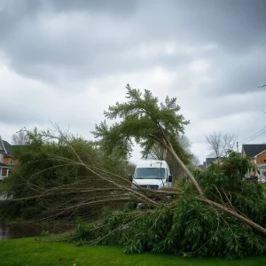 Fallen tree and flooding caused by nor'easter in Massachusetts