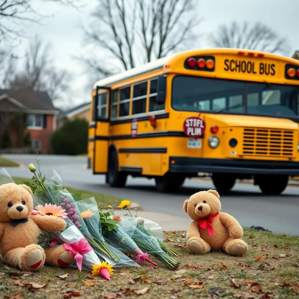 Memorial with flowers and a teddy bear near a school bus in a neighborhood