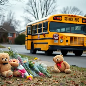Memorial with flowers and a teddy bear near a school bus in a neighborhood