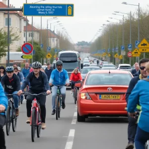 A view of a busy Milton road illustrating traffic and safety concerns for cyclists and pedestrians.
