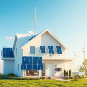 Illustration of a modern energy-efficient home with renewable energy features.