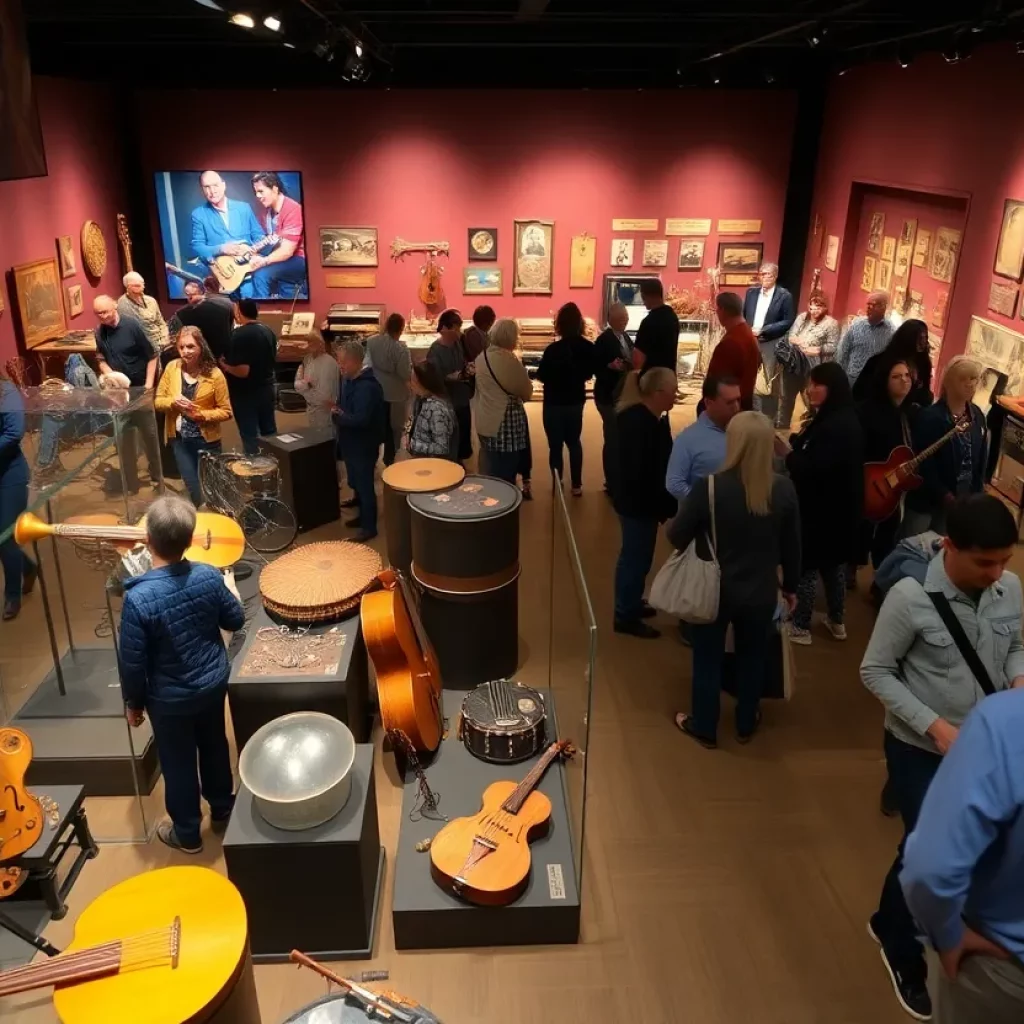 Visitors exploring the Music America exhibit featuring historic music artifacts.