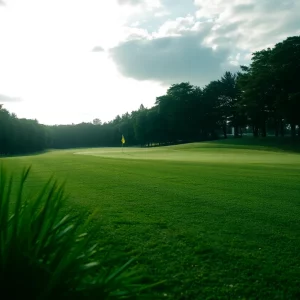 Scene from NCAA Women's Golf Championship with golfers on a lush green course.
