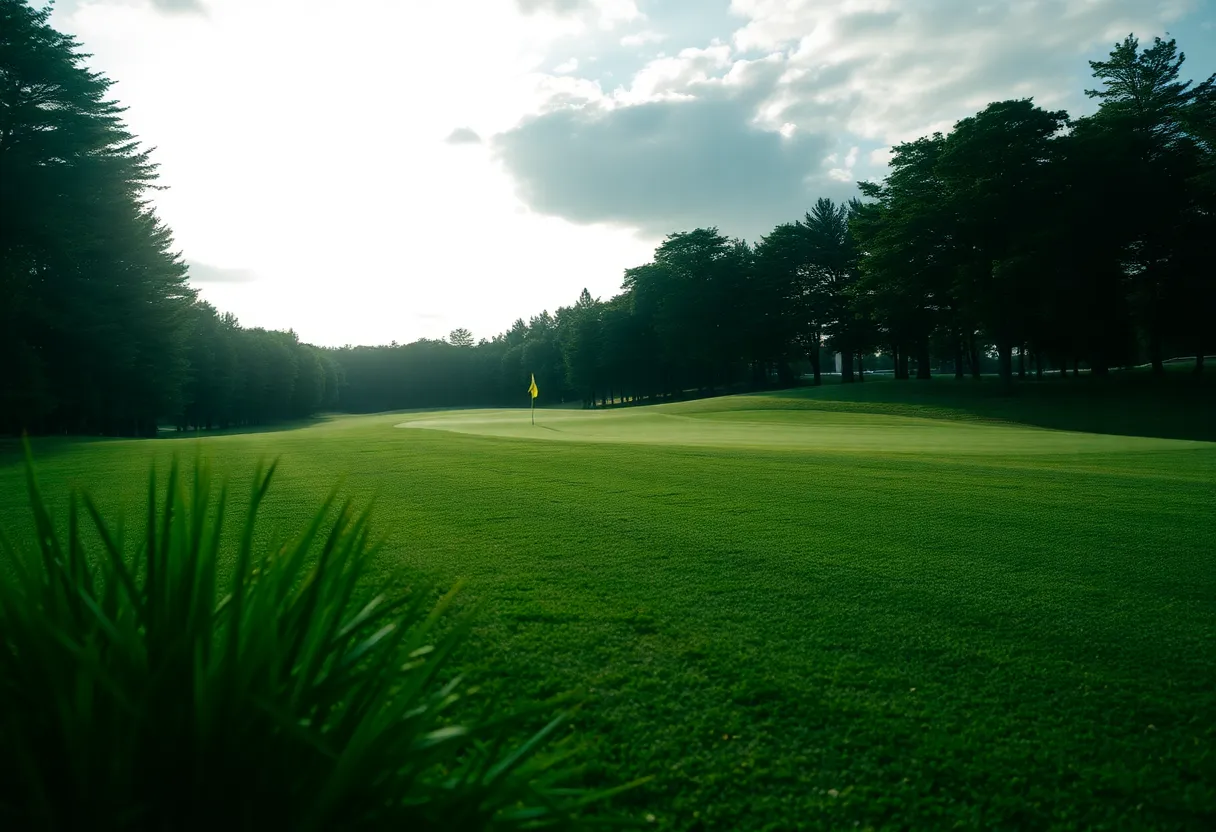 Scene from NCAA Women's Golf Championship with golfers on a lush green course.