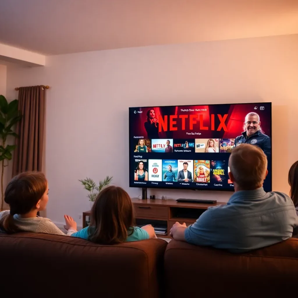 Family enjoying Netflix in a cozy living room with advertisement visuals on the screen.