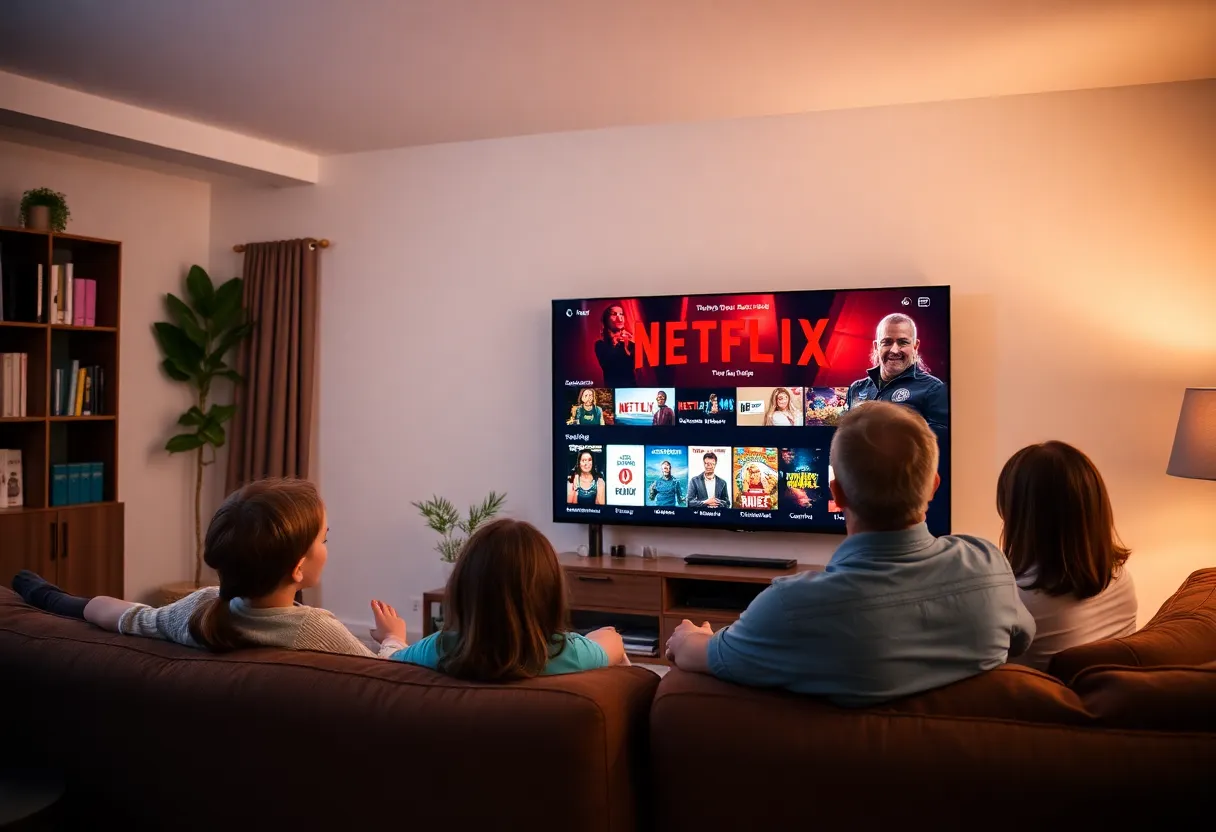 Family enjoying Netflix in a cozy living room with advertisement visuals on the screen.