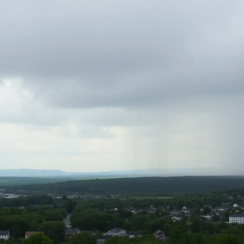 A view of New England experiencing rainfall with greenery and urban settings.