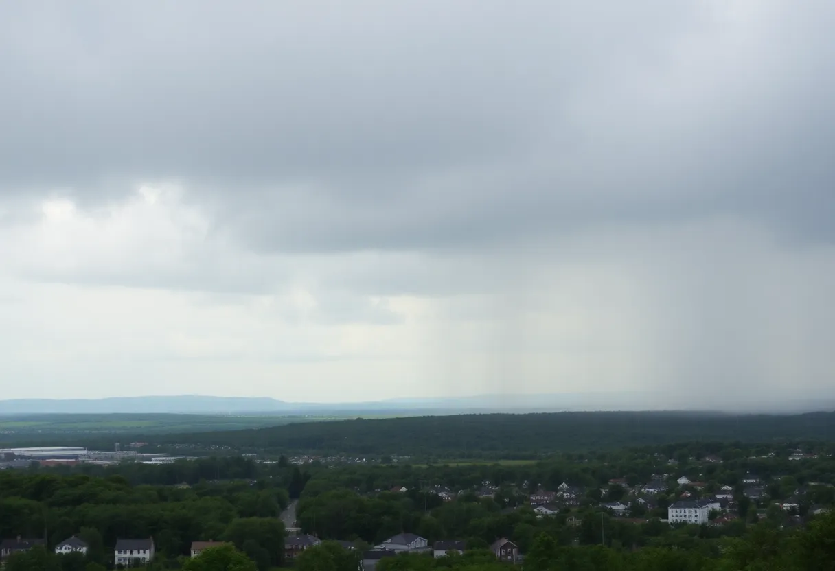 A view of New England experiencing rainfall with greenery and urban settings.
