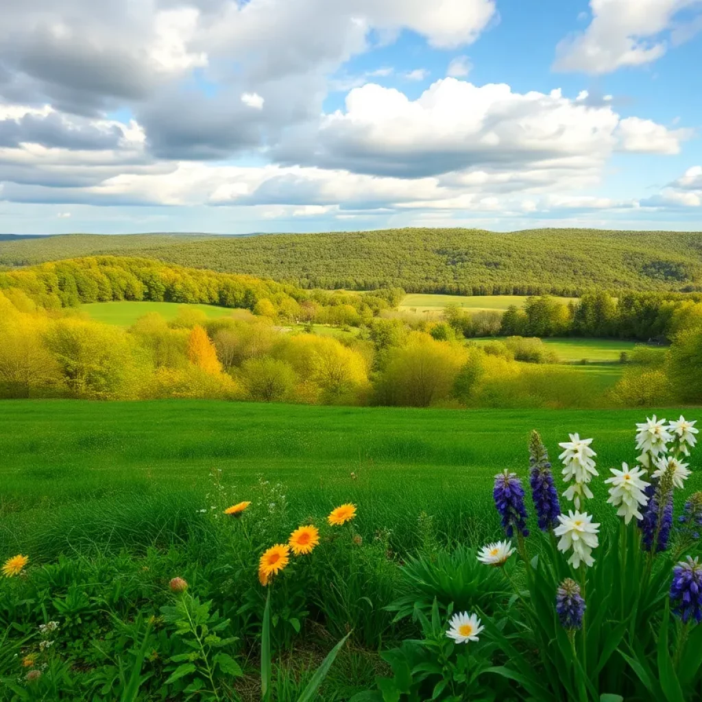 A vibrant landscape of New England during May depicting warm weather and blooming plants.