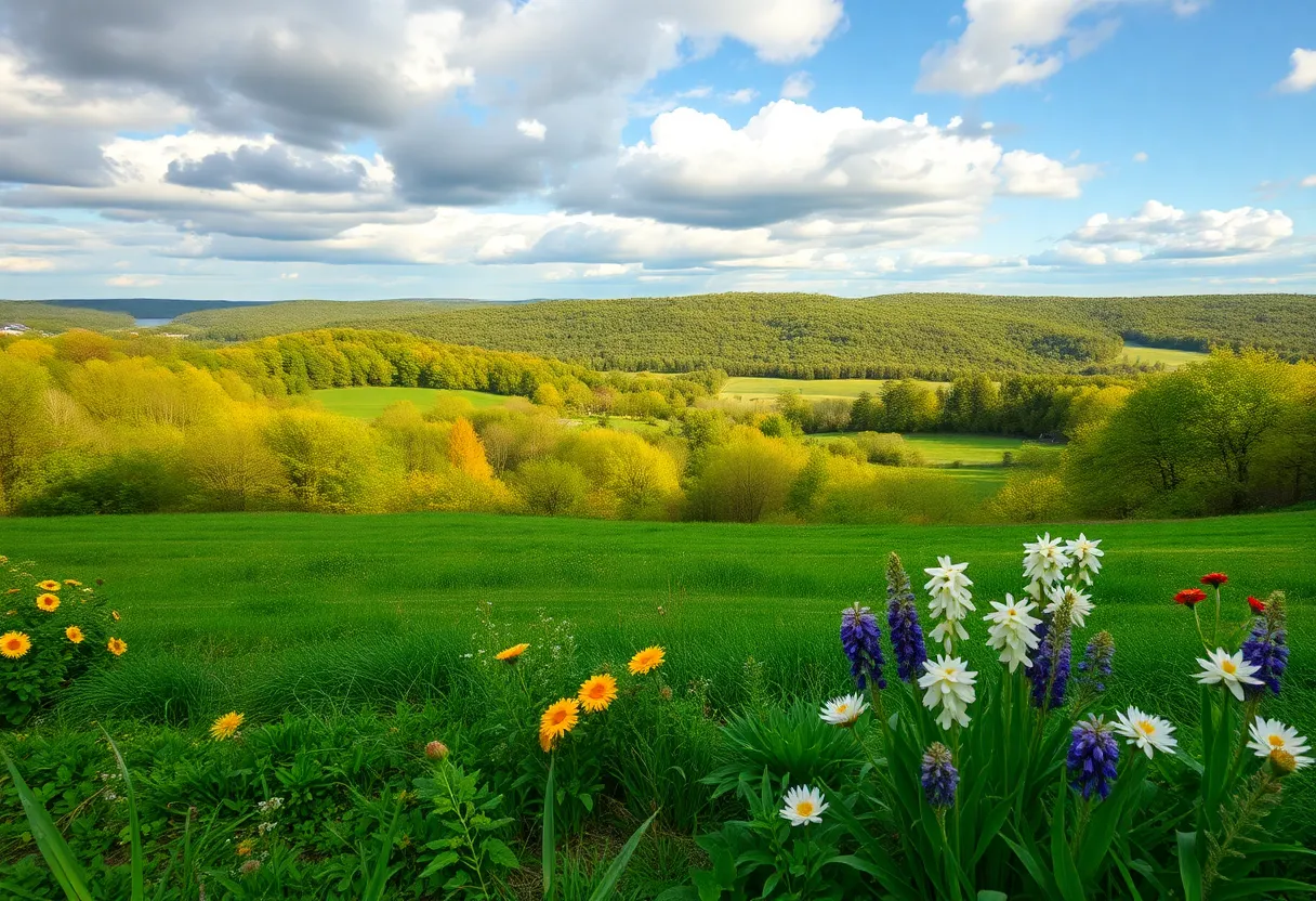 A vibrant landscape of New England during May depicting warm weather and blooming plants.