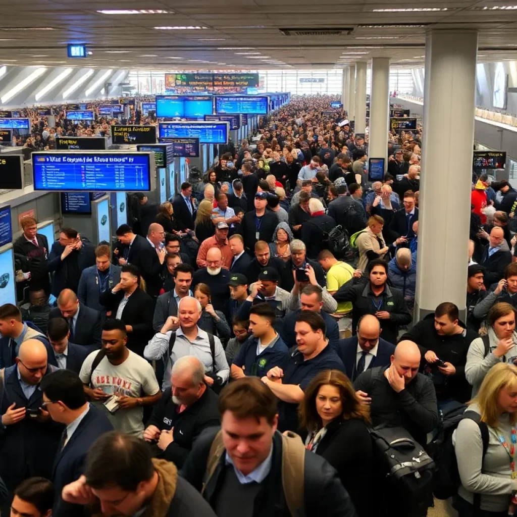 Crowded terminal at Newark Airport during flight delays