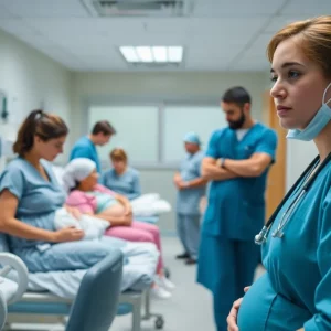 Busy maternity unit in a hospital with concerned medical staff.