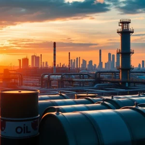 A modern oil refinery during sunset with oil barrels and city skyline