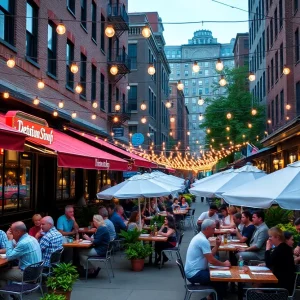 Outdoor dining scene in Boston with diners enjoying meals