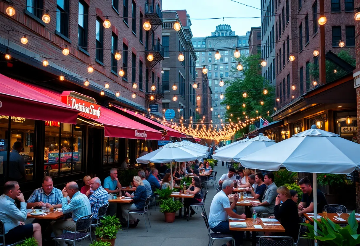 Outdoor dining scene in Boston with diners enjoying meals