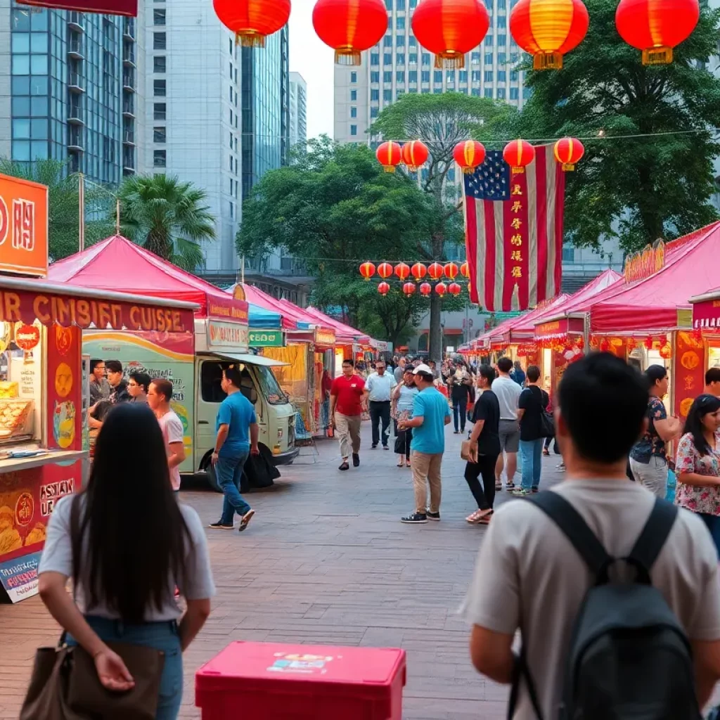 A lively Panda Fest at City Hall Plaza in Boston with food trucks and festival attendees.