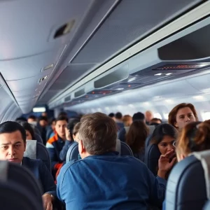 Passengers and flight attendants in a tense situation on an airplane.