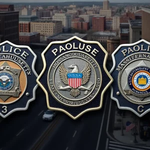 Collage of police badges representing accountability in law enforcement