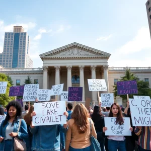 Demonstrators advocating for civil rights outside a courthouse.