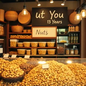 Display of various nuts in the Q's Nuts store with a 'Thank You for 13 Years' sign.