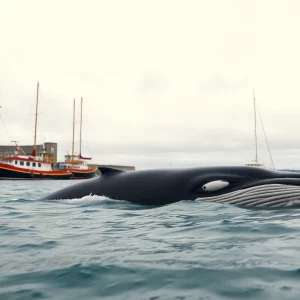 A North Atlantic right whale swimming near Boston Harbor with boats in the background