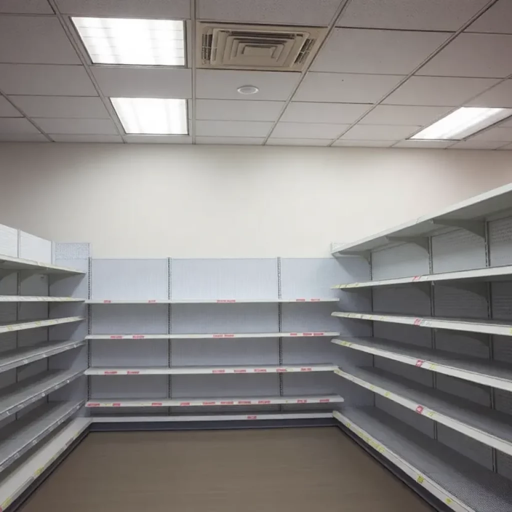 Interior of a Rite Aid store with empty shelves due to bankruptcy.