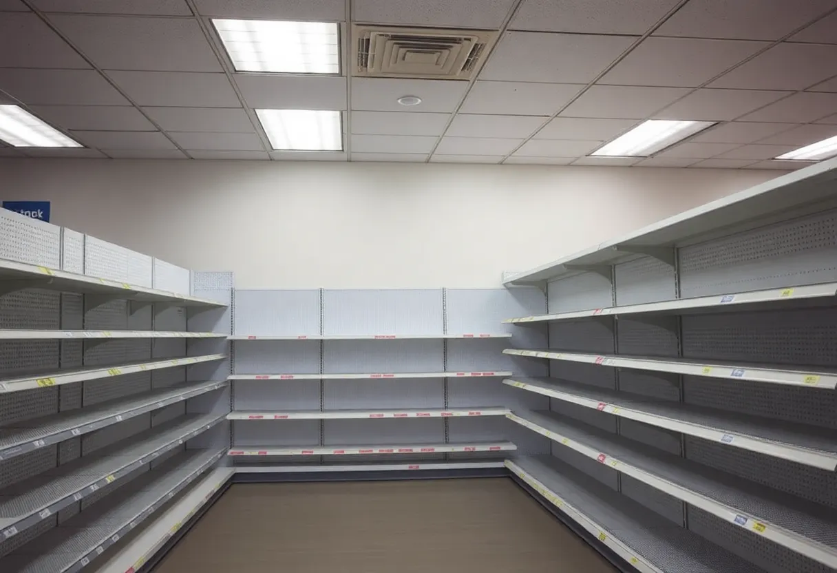 Interior of a Rite Aid store with empty shelves due to bankruptcy.