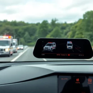 Vehicle dashboard showing safety alert for emergency vehicle