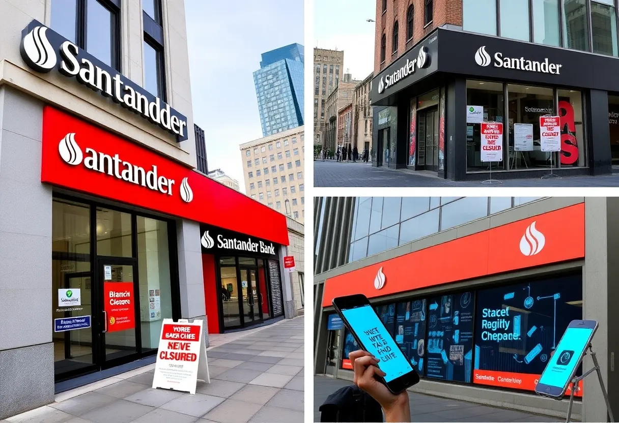 Santander Bank branch exteriors showing closure signs