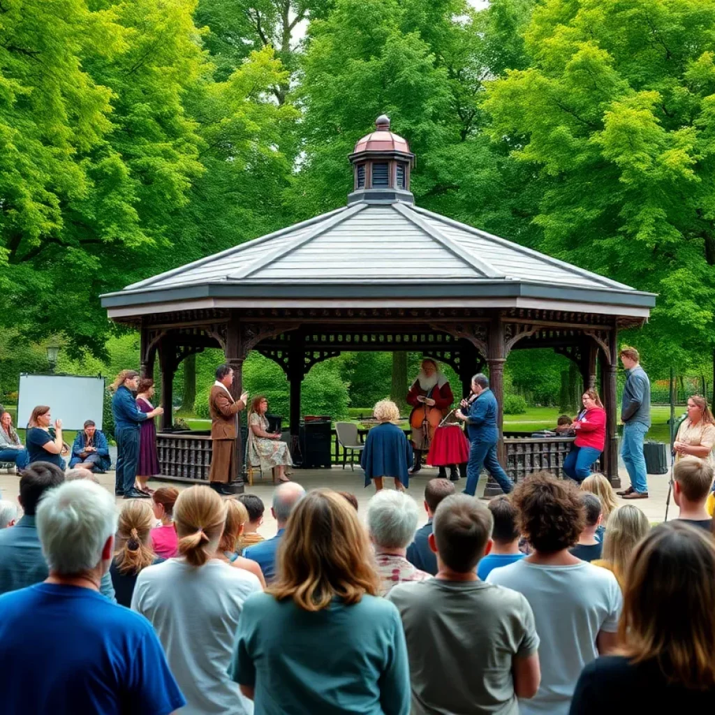 Audience enjoying a free outdoor performance of Shakespeare's play in Boston Common.