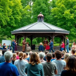 Audience enjoying a free outdoor performance of Shakespeare's play in Boston Common.