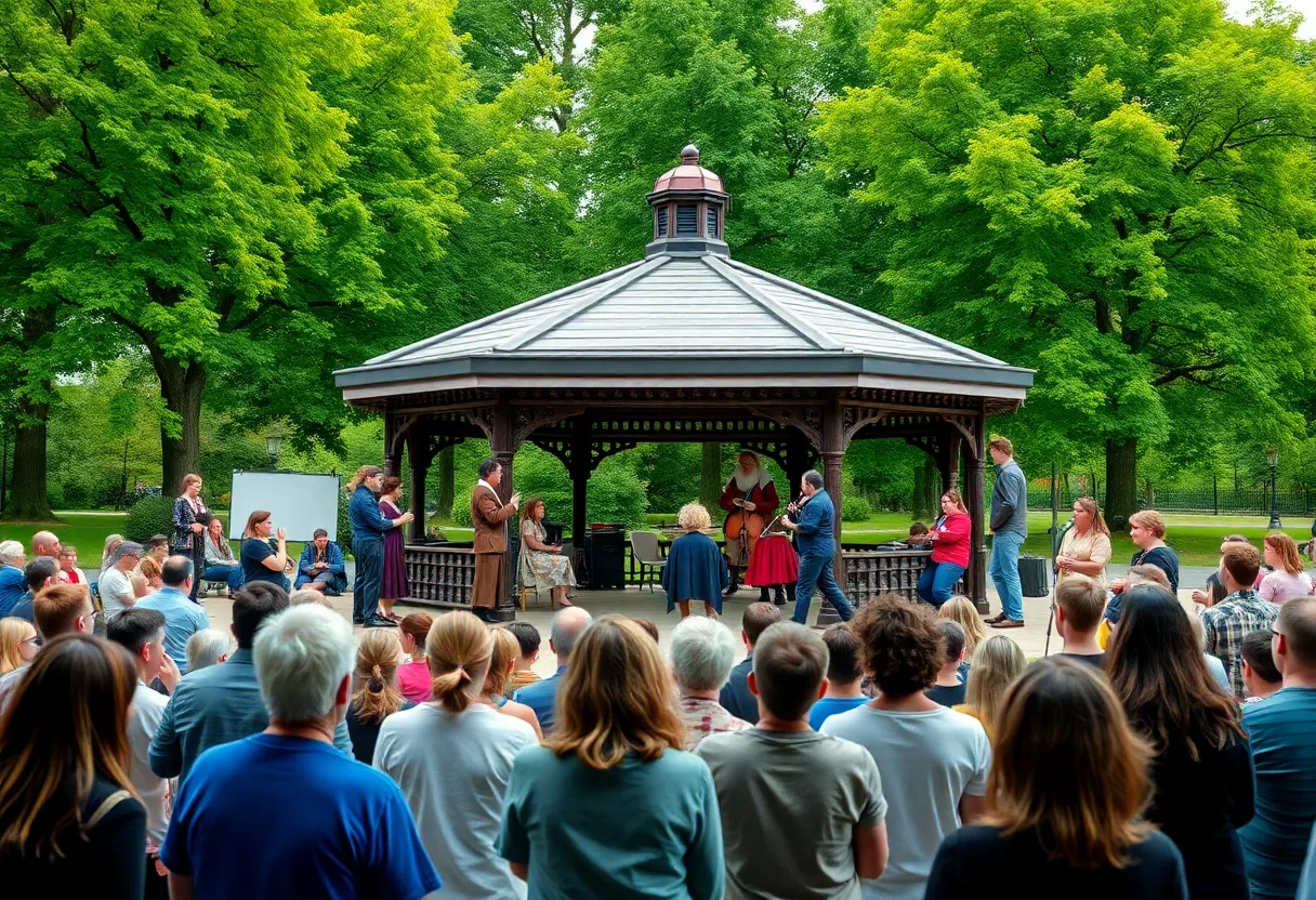 Audience enjoying a free outdoor performance of Shakespeare's play in Boston Common.