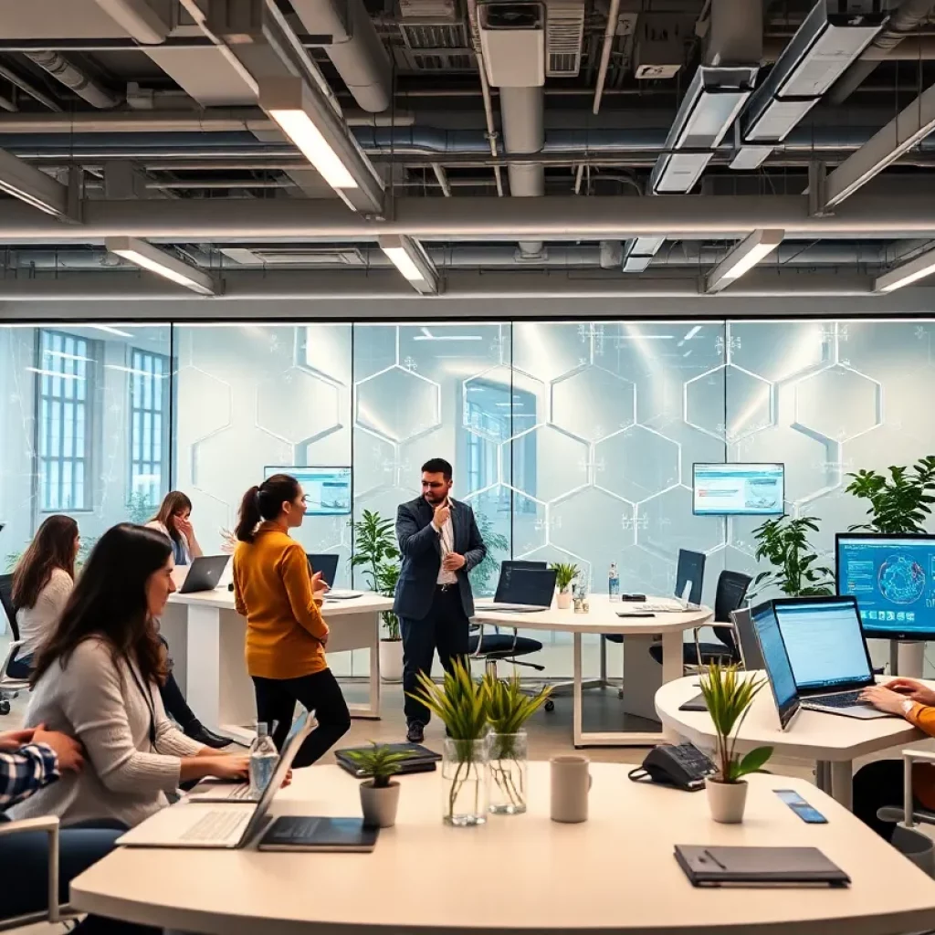 Interior view of a healthcare startup accelerator with teams working on digital solutions.