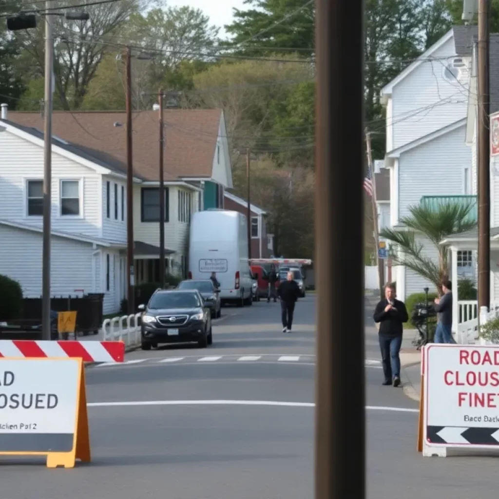 Road closure sign during filming of a TV show in Shirley, Massachusetts.