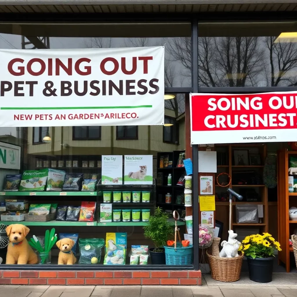 Sign announcing Smithland Pet & Garden Centers closure with garden supplies in the background.