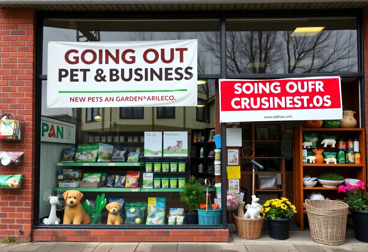Sign announcing Smithland Pet & Garden Centers closure with garden supplies in the background.