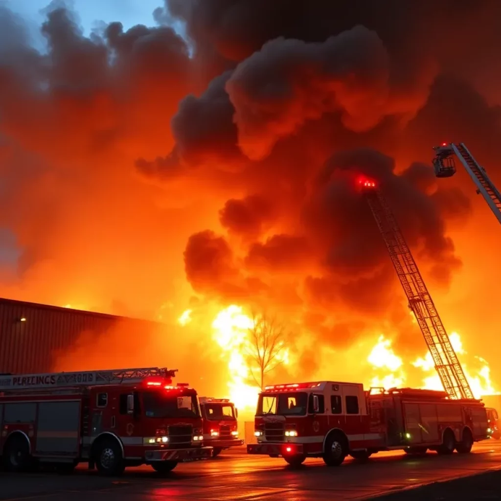 Firefighters using a ladder to combat a large warehouse fire in South Boston