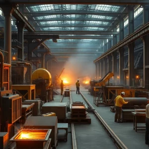 Workers at an American steel factory showing production activities.