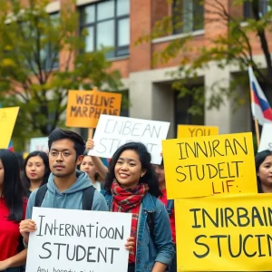 A group of diverse supporters holding banners advocating for the rights of international students.