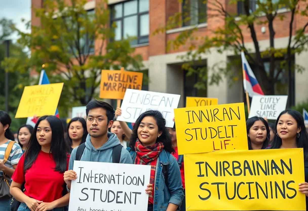 A group of diverse supporters holding banners advocating for the rights of international students.