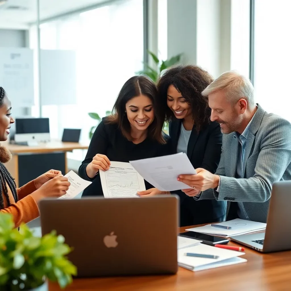 Diverse professionals collaborating in an office on bookkeeping.